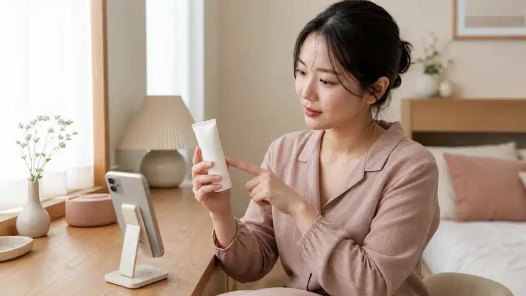 화장대에서 스마트폰과 무표기 선크림 용기를 대조하며 전성분을 확인하는 여성