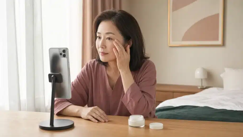 스마트폰으로 이마와 눈가 상태를 같은 조명에서 확인하는 여성