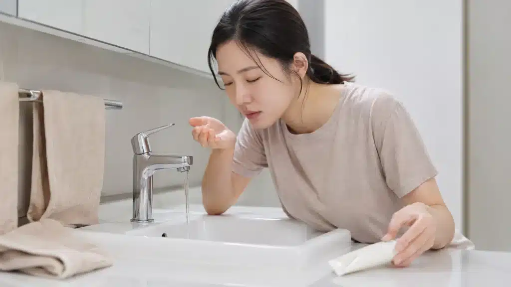 세면대 앞에서 선크림 사용을 멈추고 눈 세척을 준비하는 성인