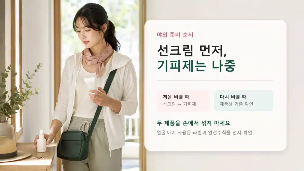 외출 전 선크림과 모기기피제를 순서대로 준비하는 모습