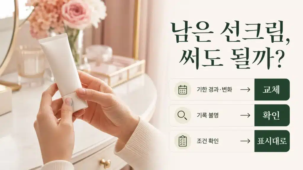 남은 선크림을 살피며 사용기한과 개봉 기록을 확인하는 손