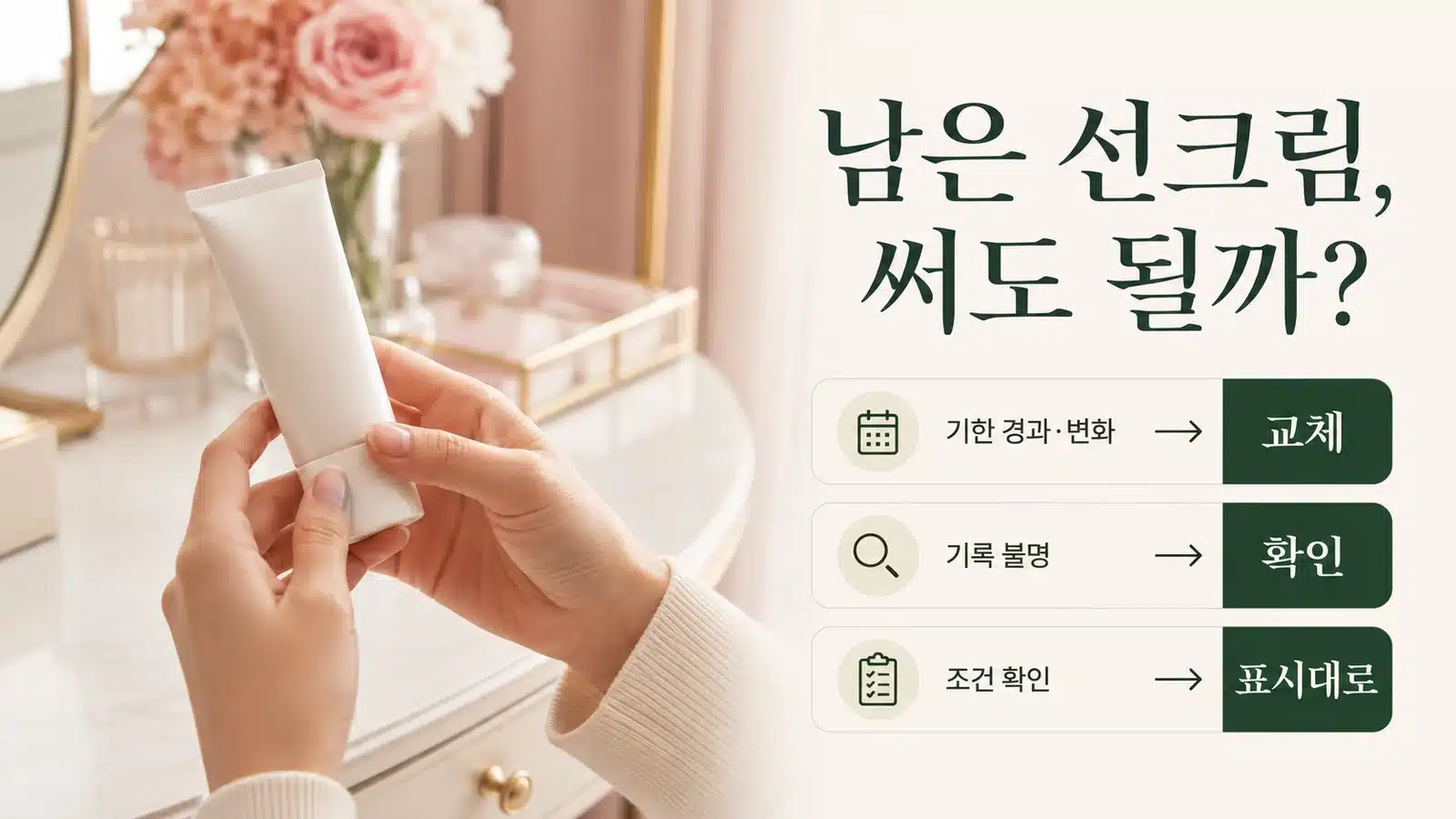 남은 선크림을 살피며 사용기한과 개봉 기록을 확인하는 손
