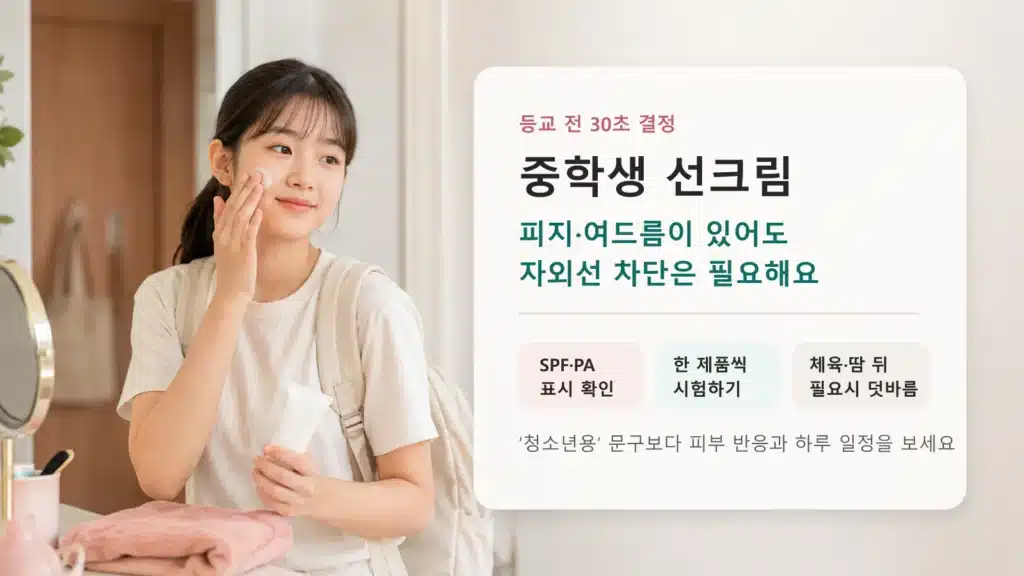 등교 전 중학생이 선크림을 바르며 SPF와 사용 일정을 확인하는 모습