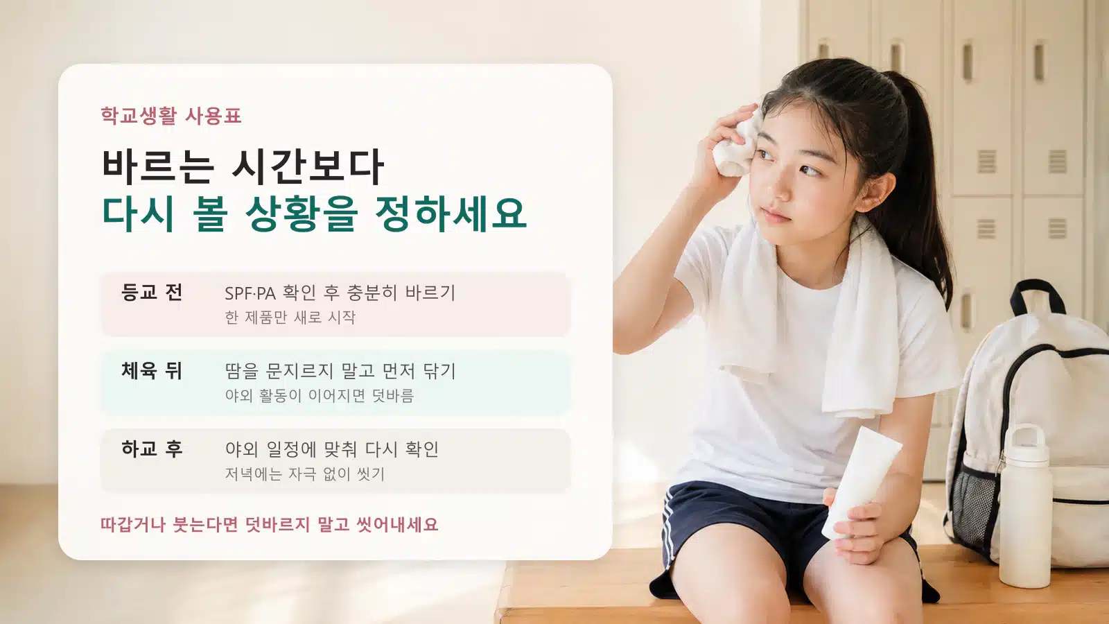 체육 수업 뒤 땀을 닦고 야외 일정에 따라 선크림 덧바름을 판단하는 중학생