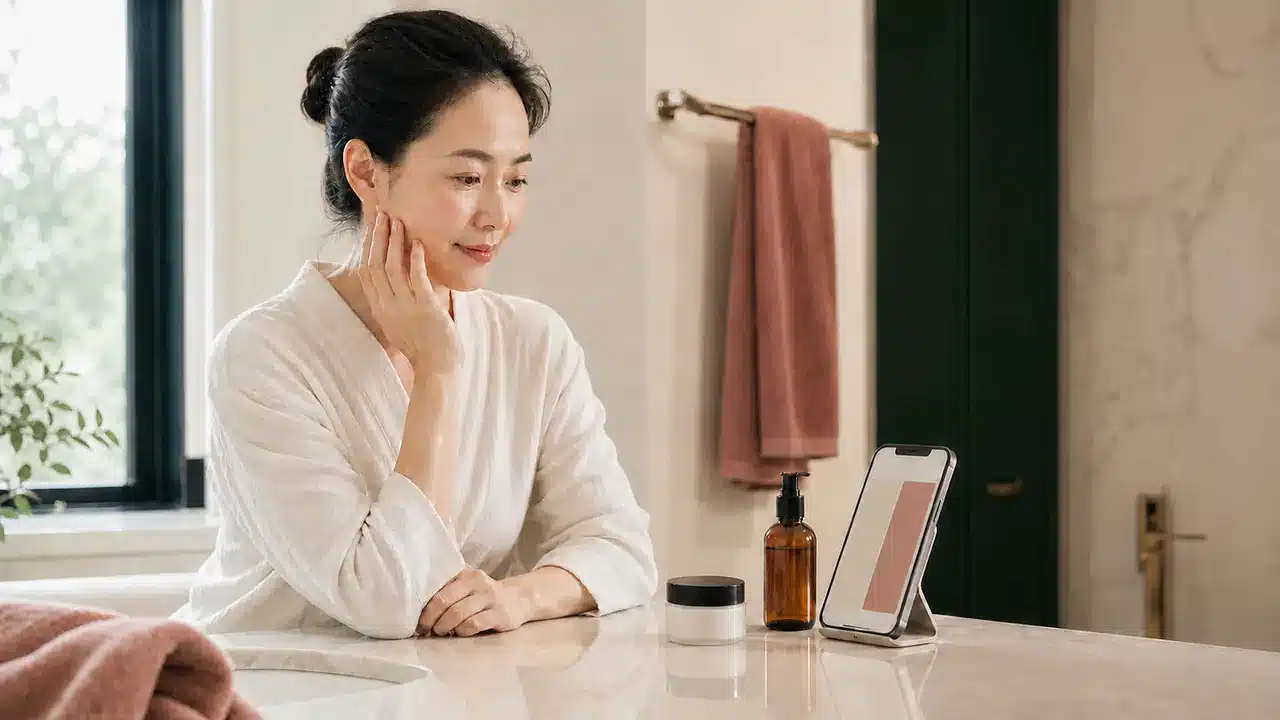 세안 후 스마트폰으로 윤조에센스와 진설의 단계 차이를 비교하는 여성