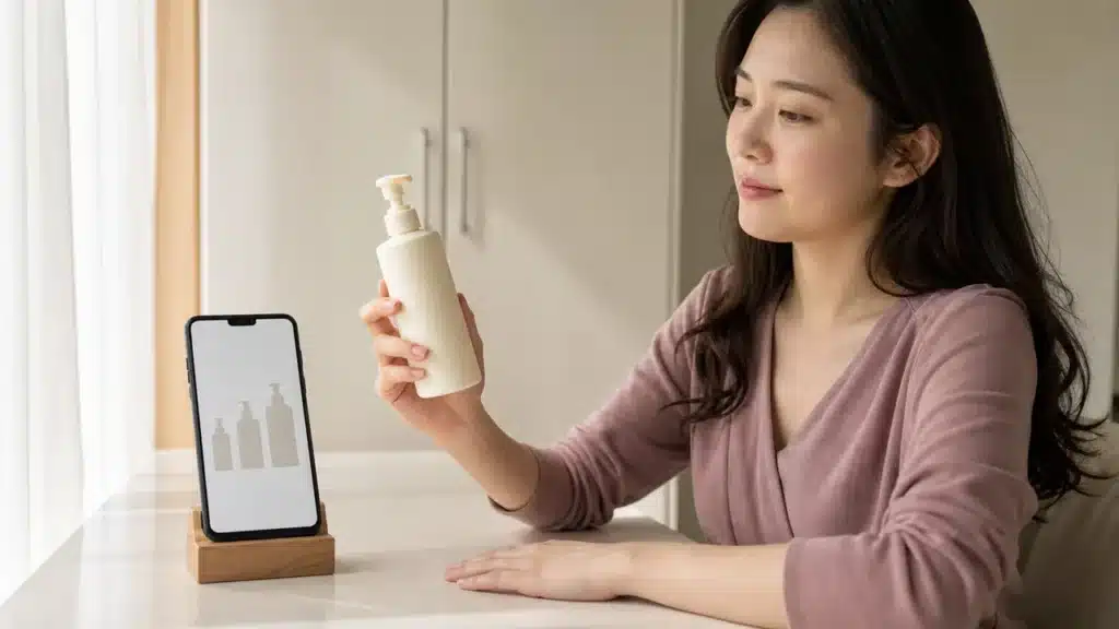 스마트폰의 세 가지 용량 모형과 펌프 용기를 비교하는 여성
