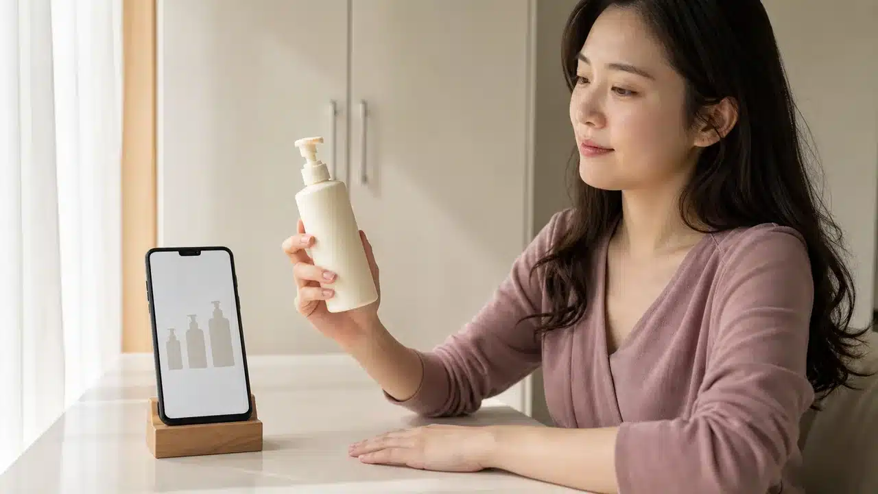 스마트폰의 세 가지 용량 모형과 펌프 용기를 비교하는 여성