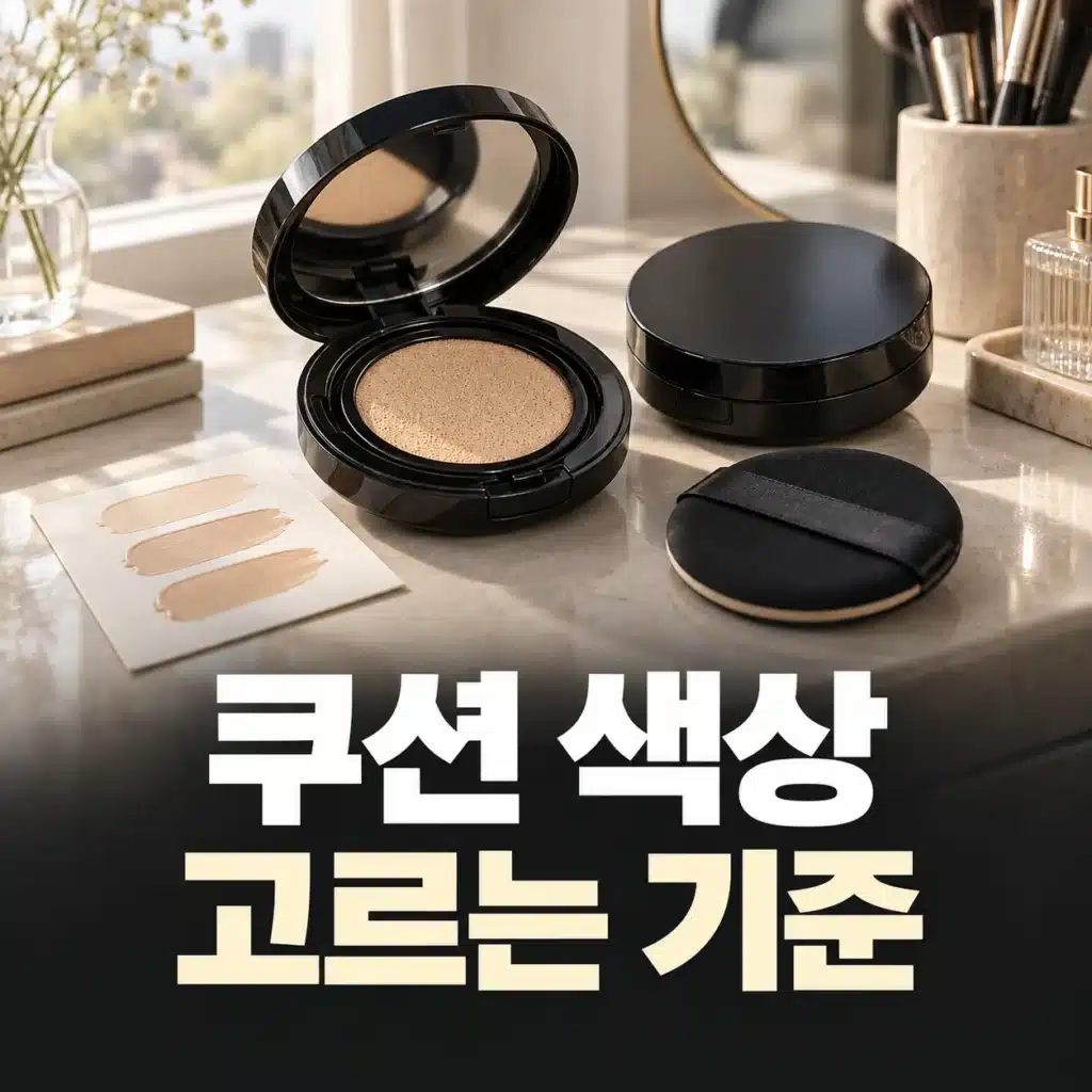 화장대 위 쿠션과 퍼프, 색상 비교용 발색 카드
