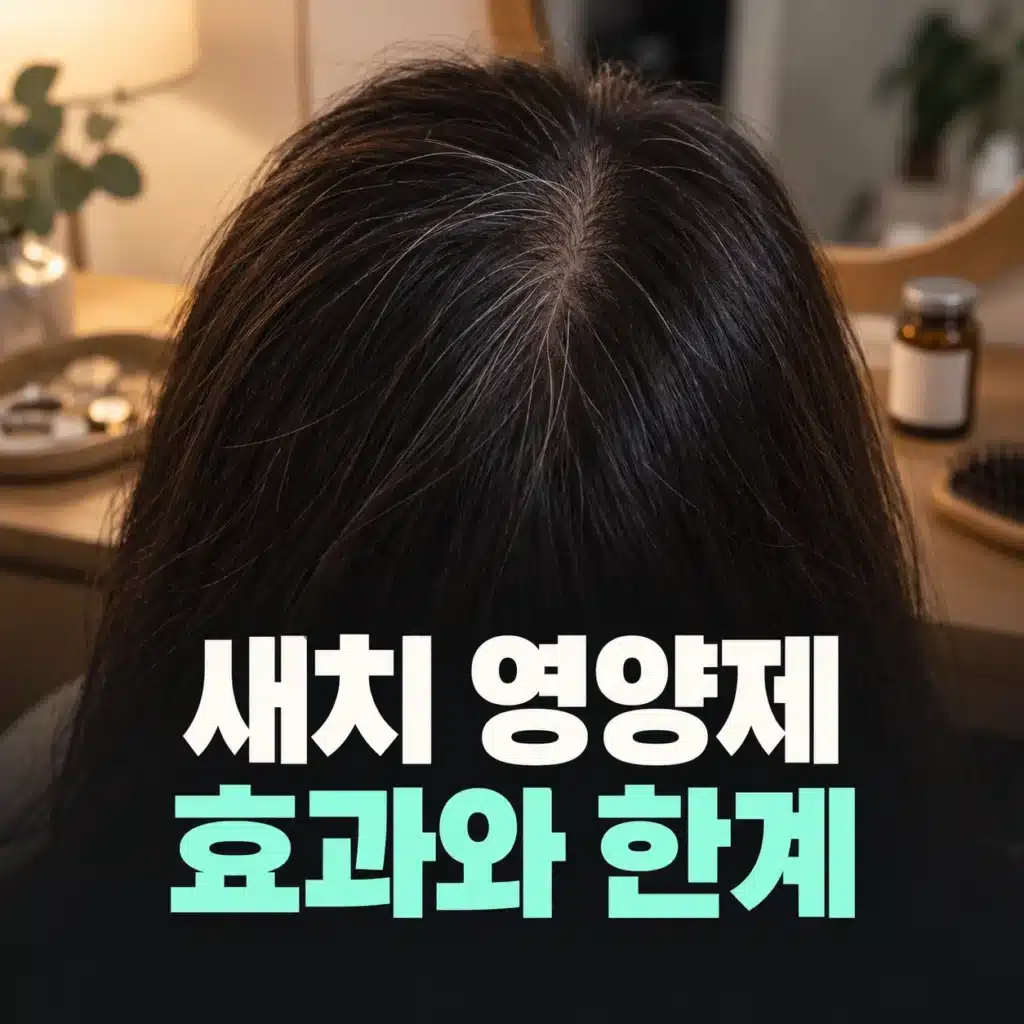 어두운 머리 사이의 흰모발과 배경 화장대